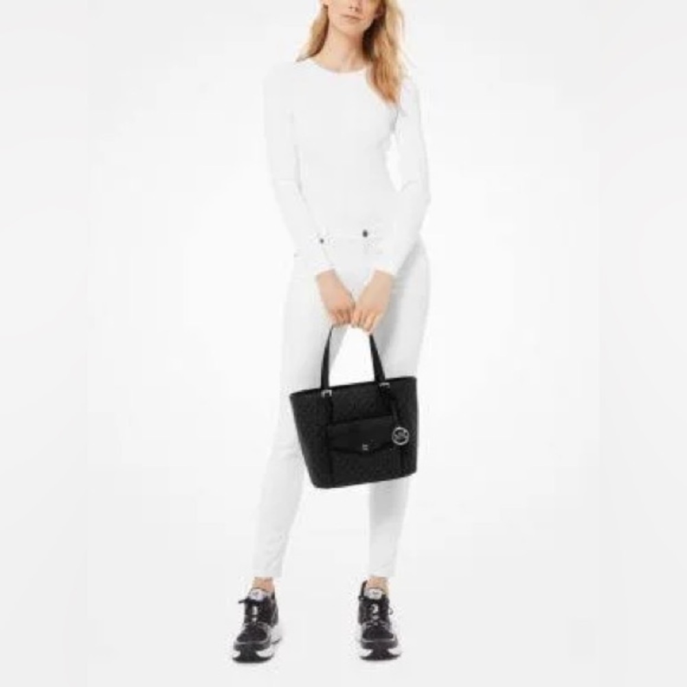 MICHAEL KORS Jet Set Medium Logo Pocket Tote Bag Black - Picture 3 of 16